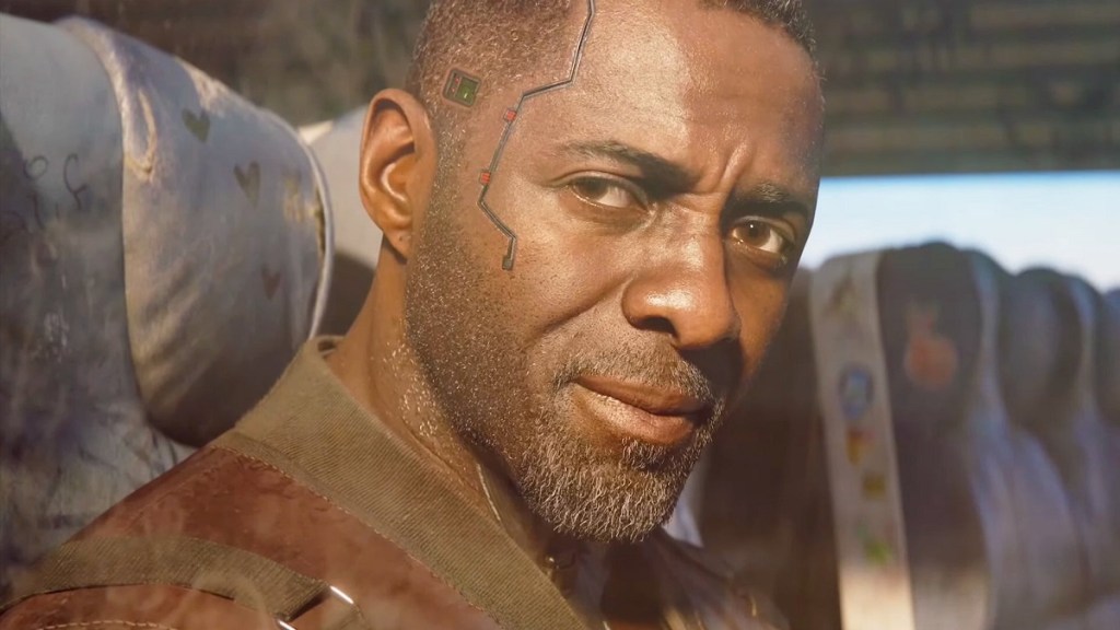 Cyberpunk 2077: a close-up of Idris Elba's character in Phantom Liberty.