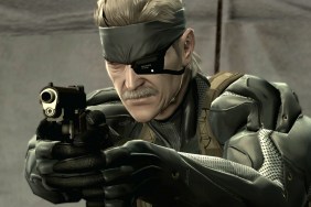 Metal Gear Solid 4: Old Snake pointing a gun off camera.