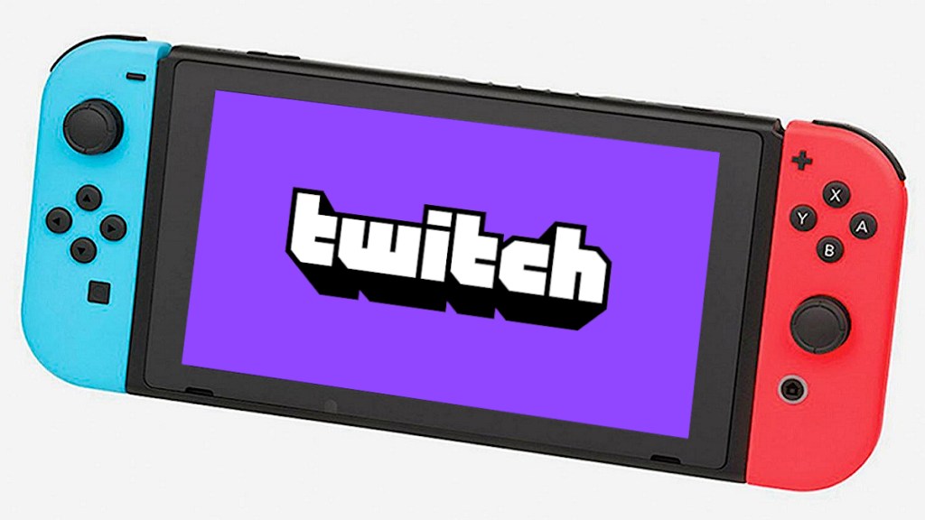 The twitch logo on a Nintendo Switch screen, all on a white background.
