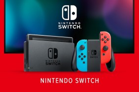 Nintendo Switch and a screen all on a red background.
