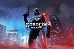 Rogue City: RoboCop posing in front of a city at night.