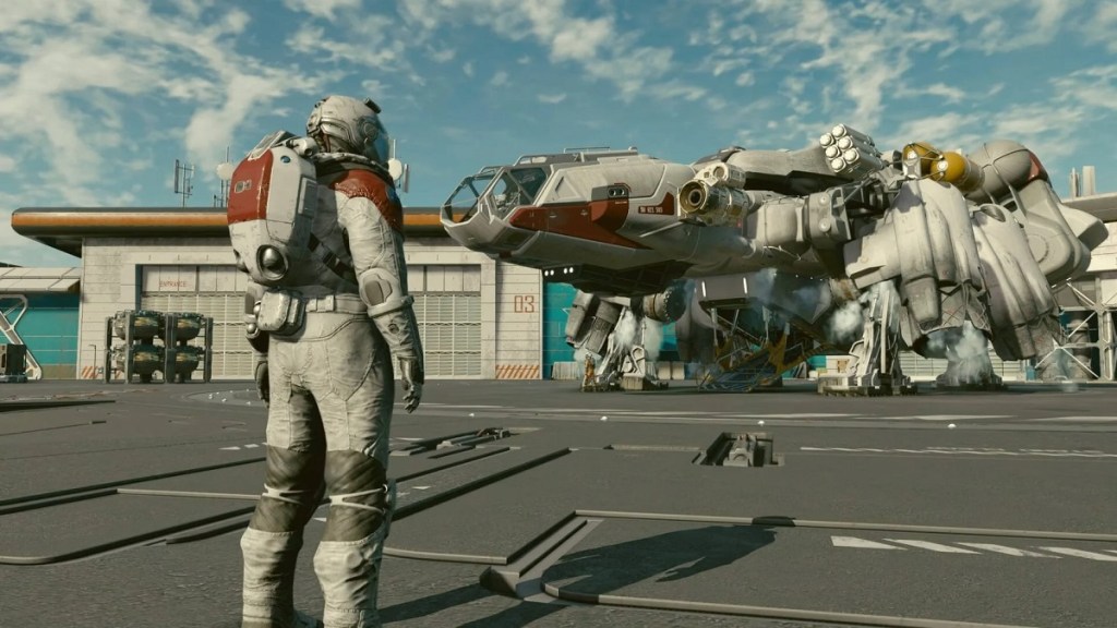 Starfield: an astronaut stood close to a spaceship in New Atlantis.